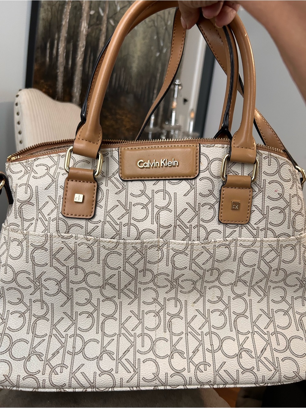 Calvin Klein Cream & Tan Logo leather Satchel Bag